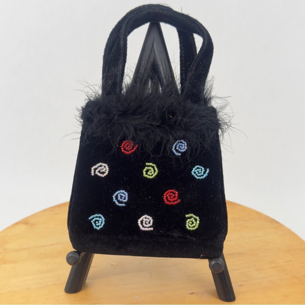 Vintage 1990s Black Velvet Twirl Beaded Feathery Mini Purse, Crossbody Handbag